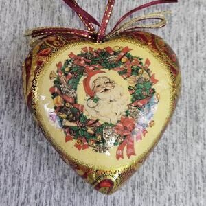 VTG Christmas Tree Ornament Victorian Santa Claus Paper Mache Heart Decoupage